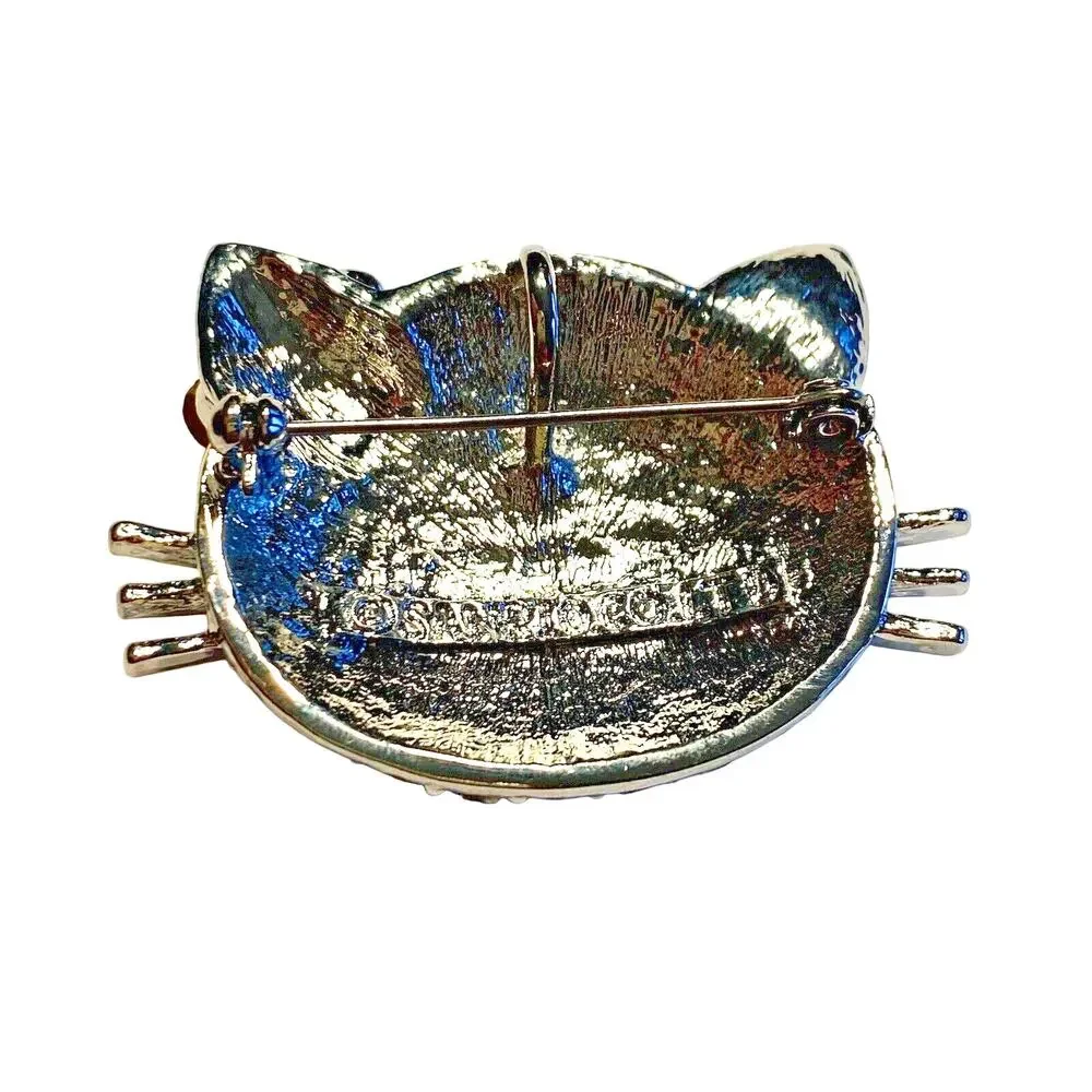 Cat Brooch Pendant Silvertone & Clear White Rhinestones Pink Flower Hello Kitty